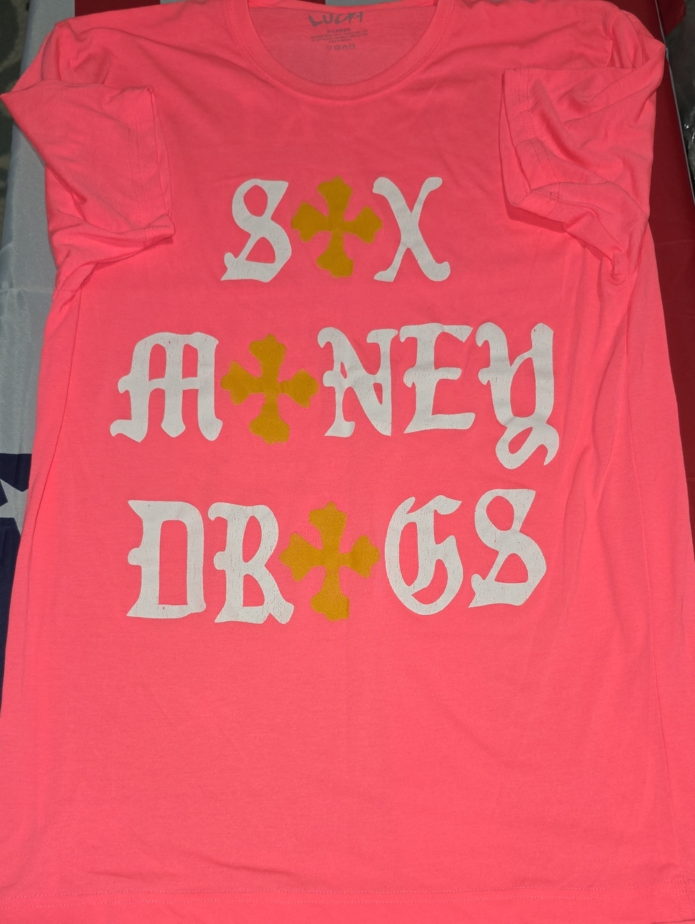 Lucky Brand Neon Coral Pink Graphic Tee with White & Gold Print